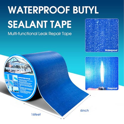 Blue Waterproof Butyl Tape for Solar Pool Cover Repair, Blue Duct Tape Heavy Duty Waterproof for Pool Liner Patch,Flex Seal Tape for RV Awning,Metal Roof,Vent,Boat Sealing,6" x16Ft - size: 6in*16ft