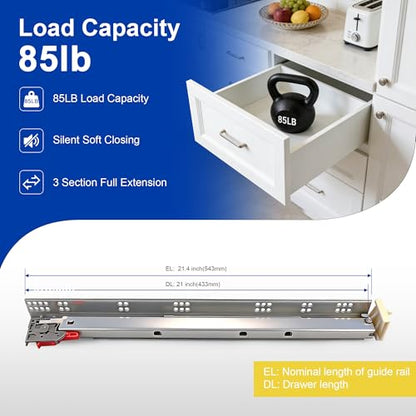 Knobonly 6 Pairs 21" Soft Close Drawer Rails Full Extension Heavy Duty, Undermount Zinc Plated Drawer Slides, Mounting Screws and Adjustable Locking Device Included, 85 lb Load Capacity - size: 21 Inch, style: Soft Close - 6 Pairs
