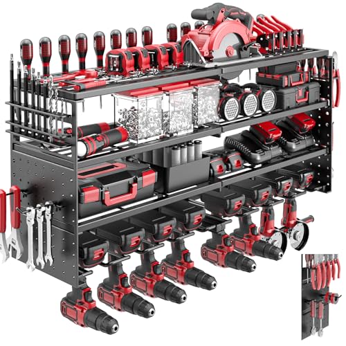4 Tier Power Tool Organizer Wall Mount, 8 Cordless Drill Holders, 320LBS Heavy Duty Power Tool Storage Rack, Holds 50+ Tools with Side Pegboards for Garage Workshop Warehouse Organization - color: Black, size: 8 Drills Holder