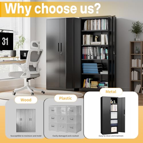 Metal Storage Cabinet with 2 Doors and 4 Adjustable Shelves, 72" Garage Storage Cabinet with Lock, Tall Garage Cabinets for Office, Home, Garage, Gym, School - size: 72.05"H x 17.72"D x 35.43"W