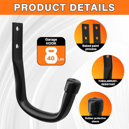Heavy Duty Wall Garage Hooks, Steel Anti-Slip Utility Hooks Storage Organization Hangers for Ladders, Bikes, Hose, Garden Tools, Coats, Bags with Mounting Hardware Kit (Black, 10 Pack) - color: Black(10pcs)