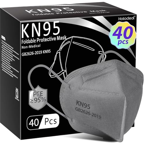 Hotodeal KN95 Face Mask 40 PCs, Grey KN95 Mask, 5 Layers Cup Dust Mask, for Men, Women, Healthcare Worker, Essential Workers - size: 40 Count (Pack of 1)