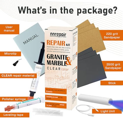 Granite Countertop Repair Kit (Clear Color + Polisher) - Made by Engineers I Also for Marble, Quartz, Acrylic, Fiberglass, Porcelain, Tile & Ceramic Surfaces I Easy Process & Quick Results - color: Clear