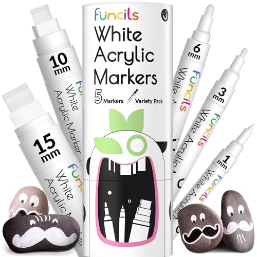 5 Acrylic White Paint Pens - Fine & Jumbo Size Ink Pens (1mm, 3mm, 6mm, 10mm, 15mm) - Permanent White Marker Ink for Rock Painting, Fabric, Tire, Metal, Wood, Canvas, Glass, Plastic, Ceramic - color: White