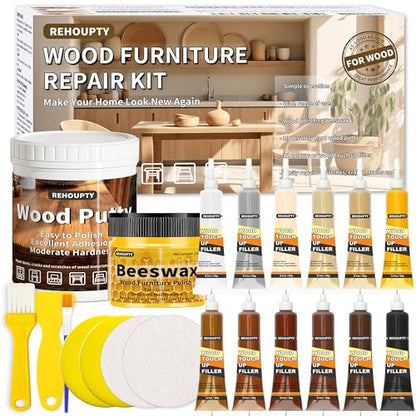 Wood Furniture Repair Kit, All-in-One Large Capacity Floor Repair Kit Include Wood Putty & 12 Colors Wood Touch Up Filler and Beeswax, Vinyl Floor Repair Kit for Scratch, Cracks, Stain, Holes