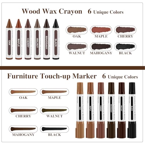 Dual Tip Furniture Markers Touch Up,Upgrade 13 Pcs Wood Markers Furniture Repair Kit,Touch Up Paint Pen and Wood Filler Putty Stick with Sharpener Kit,for Wood Stain Remover,Wood Floor Scratch Repair