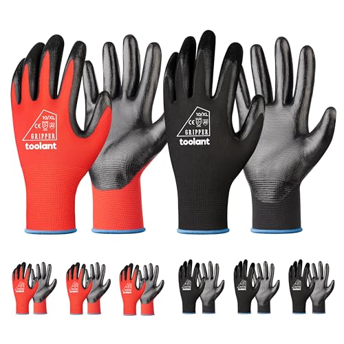 toolant Nitrile Coating Work Gloves for Men, Superior Oil Resistance, Safety Work Gloves with Grip, Touch Screen - color: Red&black (6 Pairs), size: X-Large