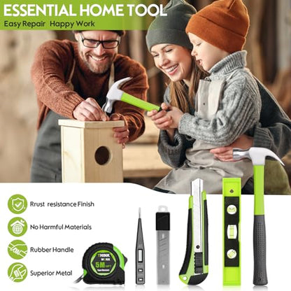 THINKWORK Home Repairing Tool Kit - General Household Hand Tool Set with Storage Toolbox, Small Basic Tool Kit for Men Women, Perfect for DIY, Gift, Home Maintenance, Homeowner, Handyman - style: Green Tool Box Set