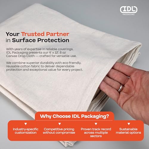 Canvas Drop Cloths 4' x 12', Pack of 2 - Reusable & Eco-Friendly Painters Drop Cloth for Furniture, Surfaces & Floor Protection - 100% Recycled Cotton Canvas Tarp for Home Renovation by IDL Packaging - size: 4' x 12', Pack of 2