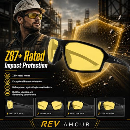 REV Amour Z87+ Safety Glasses, UV400 Impact-Resistant Sunglasses with Anti-Scratch for Work & Outdoor - color: Carbon Fade