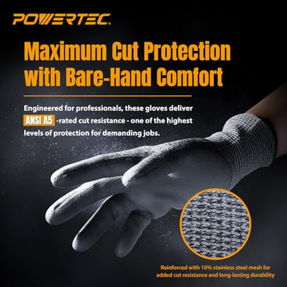 POWERTEC Cut-Resistant Work Gloves ANSI A5 – Touchscreen-Compatible, Oil-Resistant Grip, Breathable & Washable Safety Gloves for Construction, Tile Installation & Metalwork, 1 Pair, Size L (72376) - size: Large, style: Cut Resistant Gloves