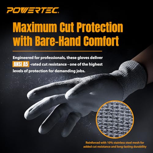 POWERTEC Cut-Resistant Work Gloves ANSI A5 – Touchscreen-Compatible, Oil-Resistant Grip, Breathable & Washable Safety Gloves for Construction, Tile Installation & Metalwork, 1 Pair, Size M (72375) - size: Medium, style: Cut Resistant Gloves