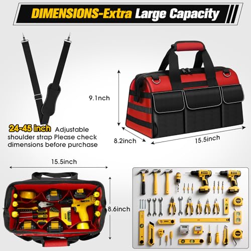 16-Inch Heavy Duty Tool Bag, 19-Pockets Tool Box Organizer, Portable Toolbag W/Soft Handle for Organized Storage, Mechanic Gifts for Men Dad Husband Fathers Day, Wide Mouth Electrician Toolbox, Red - style: Handle-Red