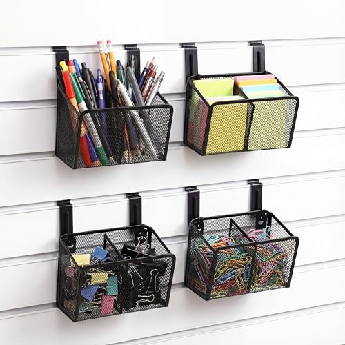 4 Set Slatwall Bins with Metal Hooks Mesh Wirewall Mounted Hanging Holder Containers Storage Organizer Slatwall Accessories for Craft Garage Tool Storage Room Panel Classroom Home