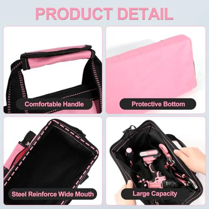 COMOWARE 13-Inch Tool Bag, Pink Soft Storage Bags with Inside Pockets, Wide Mouth Pink Tool Tote Bag - color: Pink
