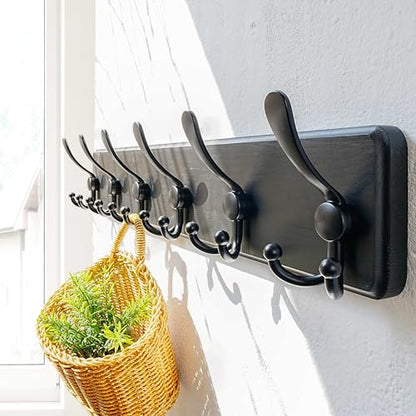Dseap Coat Rack Wall Mounted - 24" Long 6 Tri Hooks, Heavy Duty Wooden Wall Coat Hanger Coat Hook for Clothes Hat Jacket Clothing, Black, Pack of 2 - color: Black, size: L=24"