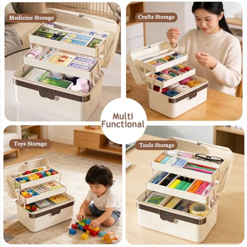 3-Layer Plastic Tackle Lock Box Organizers Storage, Portable Folding Sewing Box with Handle Dividers, Multipurpose Case for Sewing, Art Supplies, Medicine Lock Boxes, Tools Lock Organizer