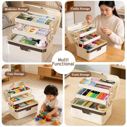 3-Layer Plastic Tackle Lock Box Organizers Storage, Portable Folding Sewing Box with Handle Dividers, Multipurpose Case for Sewing, Art Supplies, Medicine Lock Boxes, Tools Lock Organizer