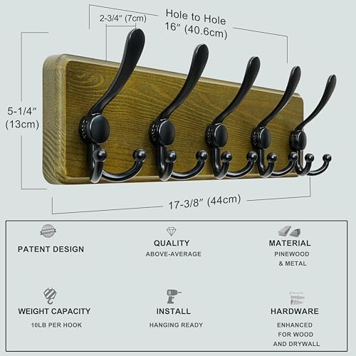 Dseap Coat Rack Wall Mount - Heavy-Duty Robust Barnwood-Style Wooden Wall Coat Hanger Hook Rail with 5 Triple Hooks for Winter Coats Hat Jacket Clothing, Weathered Green & Black, Pack of 2 - color: Weathered Green & Black, size: L=17.4"