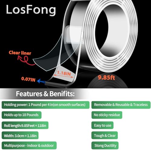 LosFong Heavy Duty Double Sided Tape - Nano Adhesive Mounting Strips for Picture Hanging, Clear & Permanent Bond for Walls, Photos, Decor
