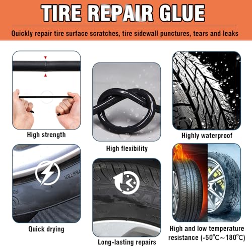 Bellisinno Tire Repair Glue, Sidewall Rubber Cement Kit, Two Sizes Nail, Suitable for Bike, Car, Motorcycle, Off-Road, Truck, Tractor, Black, 10ml*2