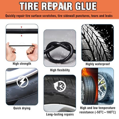 Bellisinno Tire Repair Glue, Sidewall Rubber Cement Kit, Two Sizes Nail, Suitable for Bike, Car, Motorcycle, Off-Road, Truck, Tractor, Black, 10ml*2