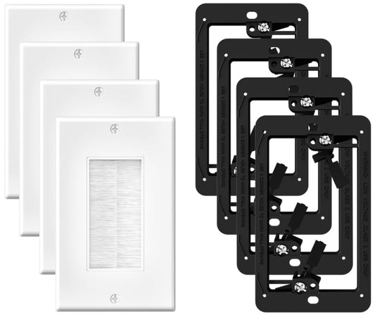 Brush Wall Plate with Mounting Bracket, 4 Pack Cable Pass Through Decorator Cover for Low Voltage Wires, Single Gang Cord Hider for TV Home Theater System - color: White and Black