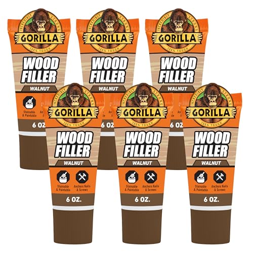 Gorilla All Purpose Wood Filler, Walnut Color, 6 Ounce Tube (Pack of 6) - Water Resistant for Indoor or Outdoor Projects and Repairs - color: Walnut, size: 6 - Pack