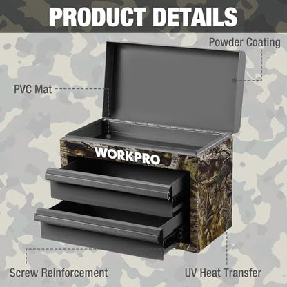 WORKPRO Metal Mini Tool Box, Top Tool Chest containing Two Drawers with Ball Bearing Slides, PVC Drawer Liners and PP Feet Pads, Durable Cold Rolled Steel Small Toolbox for Multi-Purpose Storage - color: Green Camo