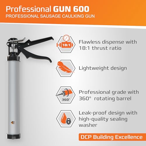 DCP Professional Gun 600 Sausage Caulk Gun 20 oz. - Manual Polyurethane & Silicone Gun for Sausage Sealants - 18:1 Thrust Ratio Application Tool with Comfortable Grip