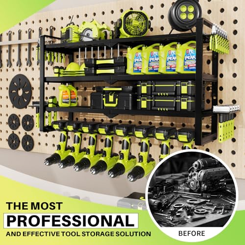 Hipidian Fathers Day Best Gifts for Daddy, Heavy Duty Power Tool Organizer Wall Mount- 400lb Capacity 4-Tier Storage Rack with 8 Drill Holders for Garage Tools, Birthday Gifts for Men Dad Husband - size: 7.48 X 31.5 X 15.75 Inches