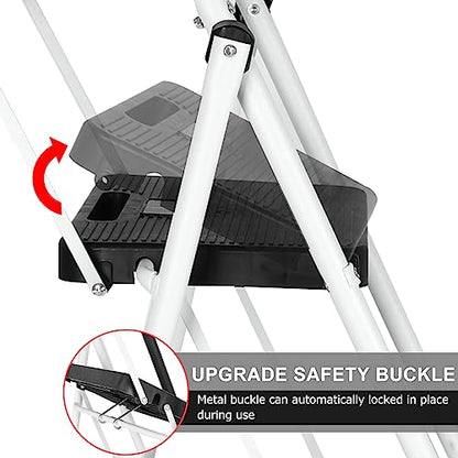 BLACKHORSE-RACING 5 Step Ladder with Handrails & Tool Tray Platform, 330 lbs Folding Step Stool Ladder, Portable Steel Ladder for Kitchen Pantry Home Office Library, White