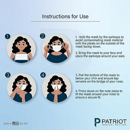 Patriot Medical Devices Disposable Face Mask | Made in the USA Soft, Hypoallergenic, Hydrophobic Material | 50 Count