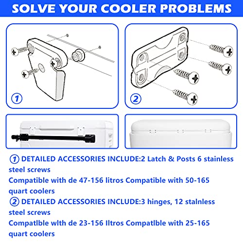 Cooler Hinge and Latch and Screws Kit, High Strength Cooler Latch Replacement Parts. Ice Chest Plastic Hinges, Latch Posts, and Screws, The Best Option for Repairing and Replacing Cooler Parts.