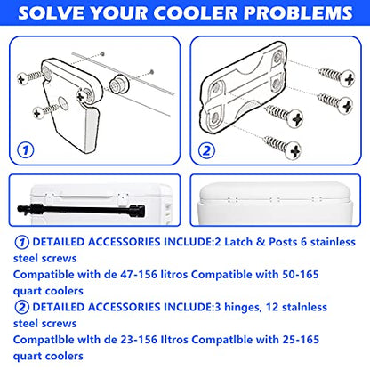 Cooler Hinge and Latch and Screws Kit, High Strength Cooler Latch Replacement Parts. Ice Chest Plastic Hinges, Latch Posts, and Screws, The Best Option for Repairing and Replacing Cooler Parts.