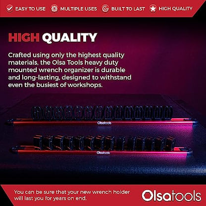 Olsa Tools Wall-Mounted Wrench Rack - Red Anodized Aluminum Rail with Black Clips - Stores 14 SAE or Metric Wrenches Securely - Professional Organizer - Part: 1028 - style: Red Aluminum + Black Clips