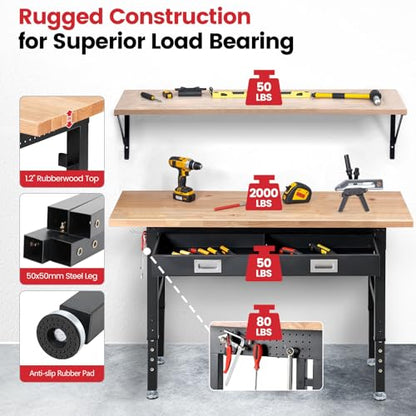ENJOYWOOD 60" x 22" Heavy Duty Workbench Adjustable Height Garage Work Table with Solid Rubberwood Top, Drawer & Power Outlets for Workshop, Home & Office - size: X-Large