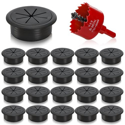 Covzoe 20 Pack Desk Grommets, 2 Inch(50mm) Desk Cable Hole Cover with Built-in Hole Saw, Wire Cord Cable Grommet for Home Office, Black