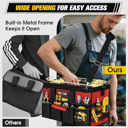 16-Inch Heavy Duty Tool Bag, 19-Pockets Tool Box Organizer, Portable Toolbag W/Soft Handle for Organized Storage, Mechanic Gifts for Men Dad Husband Fathers Day, Wide Mouth Electrician Toolbox, Red - style: Handle-Red
