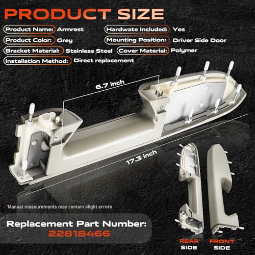 22818466 Door Panel Armrest, Front Left Driver Side Arm Rest Compatible with 2010-2014 Chevy Silverado & GMC Sierra 1500 2500HD 3500HD, Designed for Door Panel with Release Handle Below Armrest, Gray - color: Gray 22818466 Driver Side Armrest
