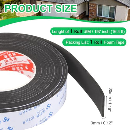 PATIKIL Sponge Rubber Foam Tape, 1 3/16" W x 1/8" t x 16.4ft l Self-Adhesive Foam Insulation Tape Weather Stripping for Window Door Soundproofing Weatherstrip AC Seal Strip, Black - size: 1 3/16" x 1/8" x 16.4ft