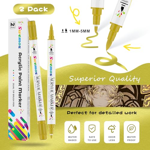 Swemos 2Pcs Gold Acrylic Paint Pens Markers, Dual Tip with Fine Tip and Brush Tip Pens Acrylic Paint Markers Waterproof Acrylic Markers Set for Rock, Canvas Stone, Wood, Glass, Metal (GOLD, 2) - style: GOLD