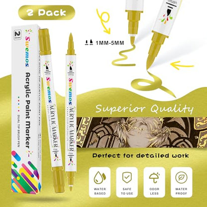 Swemos 2Pcs Gold Acrylic Paint Pens Markers, Dual Tip with Fine Tip and Brush Tip Pens Acrylic Paint Markers Waterproof Acrylic Markers Set for Rock, Canvas Stone, Wood, Glass, Metal (GOLD, 2) - style: GOLD