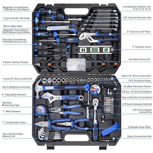 URASISTO 168-Piece Socket Wrench Auto Repair Tool Combination Package Mixed Tool Set Hand Tool Kit with Plastic Toolbox Storage Case