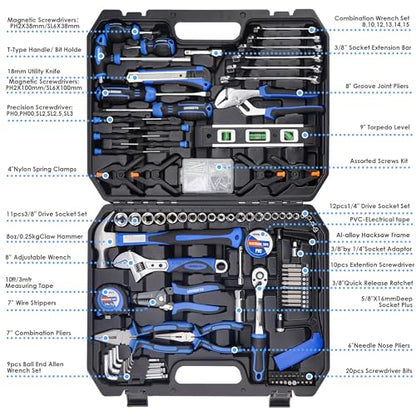 URASISTO 168-Piece Socket Wrench Auto Repair Tool Combination Package Mixed Tool Set Hand Tool Kit with Plastic Toolbox Storage Case