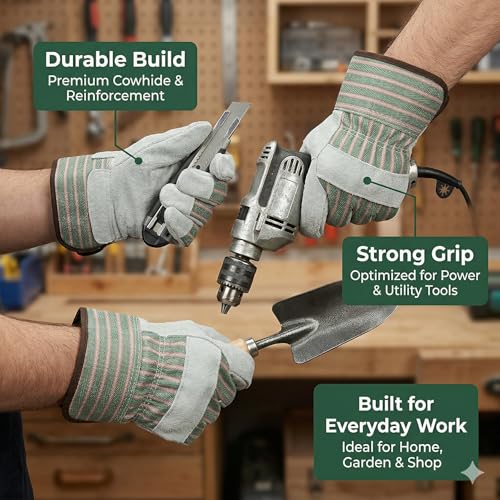 Work Gloves for Men, Durable Leather Mechanic Gloves with Rubberized Safety Cuff - color: Blue