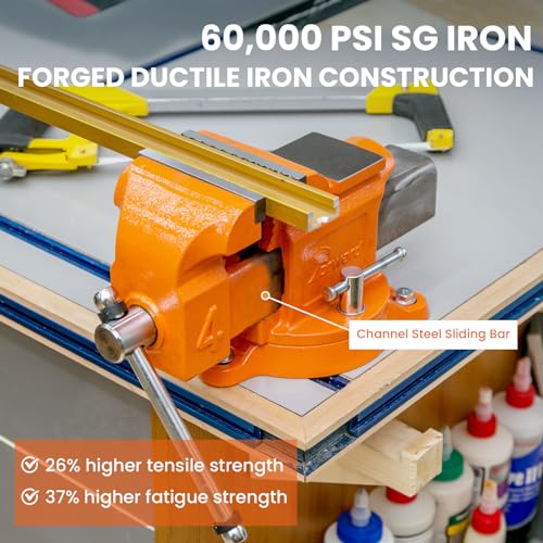 Forward Bench Vise 8 Inch Ductile Iron Bench Vice with 360 Degree Swivel Base and Channel Steel Guide Bar 30808 (8") - size: 8 Inch