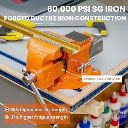 Forward Bench Vise 5 Inch Ductile Iron Bench Vice with 360 Degree Swivel Base and Channel Steel Guide Bar 30505 (5") - size: 5 Inch