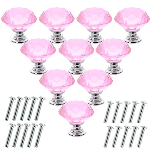 Akstore 10 Pcs Crystal Glass Cabinet Knobs 30mm Diamond Shape Drawer Kitchen Cabinets Dresser Cupboard Wardrobe Pulls Handles (Pink) - color: Pink