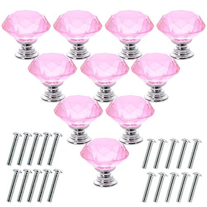 Akstore 10 Pcs Crystal Glass Cabinet Knobs 30mm Diamond Shape Drawer Kitchen Cabinets Dresser Cupboard Wardrobe Pulls Handles (Pink) - color: Pink